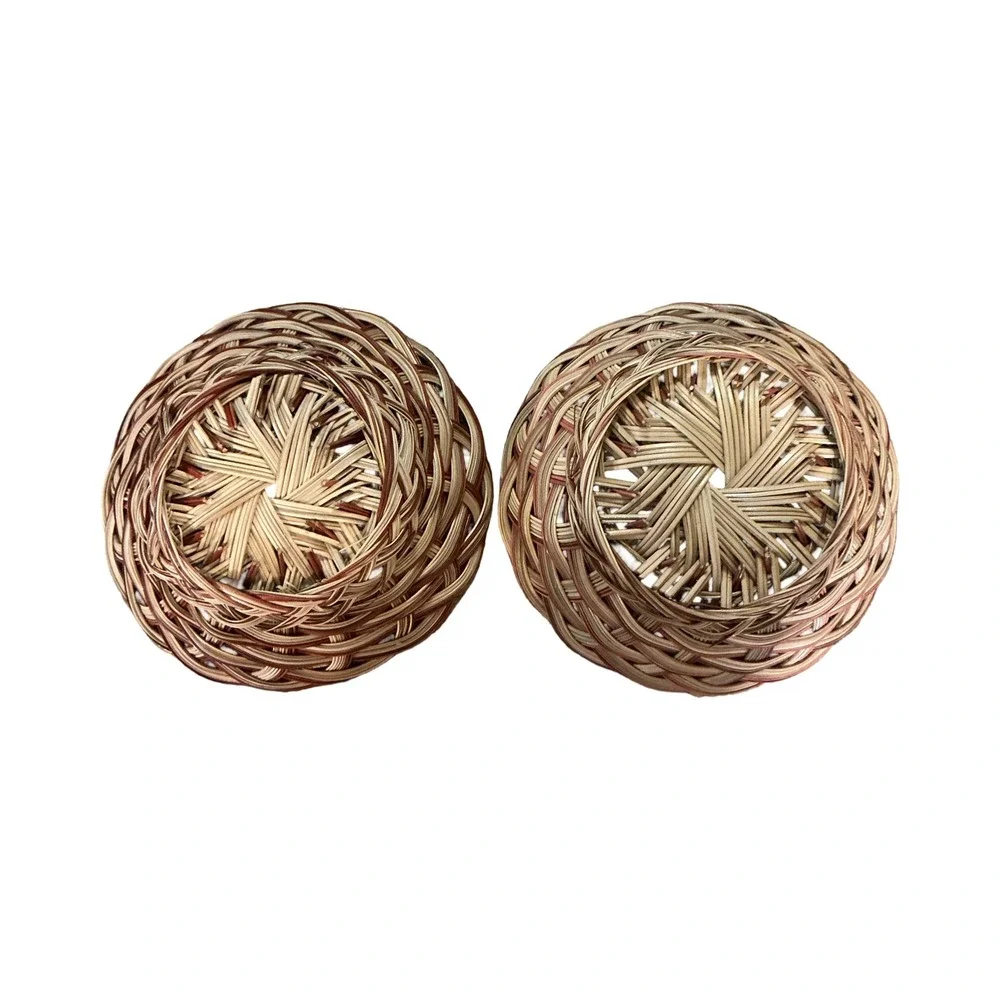 Vintage Woven Wicker Basket Set of 2 Round Rattan Bread Fruit Bowls Brown